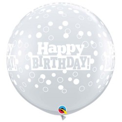 Baloane latex Jumbo 3 ft inscriptionate Happy Birthday Confetti Dots-A-Round Diamond Clear, Qualatex 53546, 1 buc