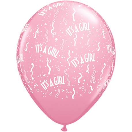 Baloane latex 5" inscriptionate It's a girl-a-round Pink, Qualatex 46531, set 100 buc