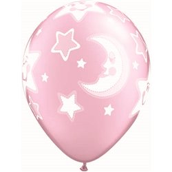 Baloane latex 11" inscriptionate Baby Moon & Stars Pearl Pink, Qualatex 24940, set 25 buc