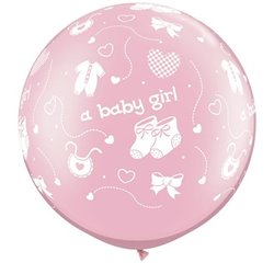 Baloane latex Jumbo 30" inscriptionate A Baby Girl-A-Round Pearl Pink, Qualatex 81487, set 2 buc