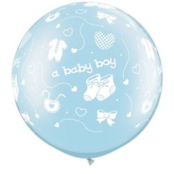 Baloane latex Jumbo 30" inscriptionate A Baby Boy-A-Round Pearl Light Blue, Qualatex 81486, set 2 buc